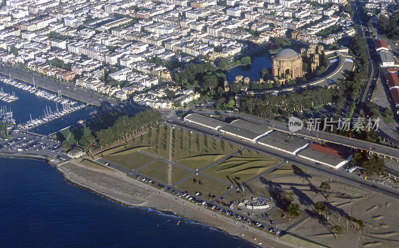 Crissy Field和Palace of Fine Arts的鸟瞰图，旧金山，加利福尼亚